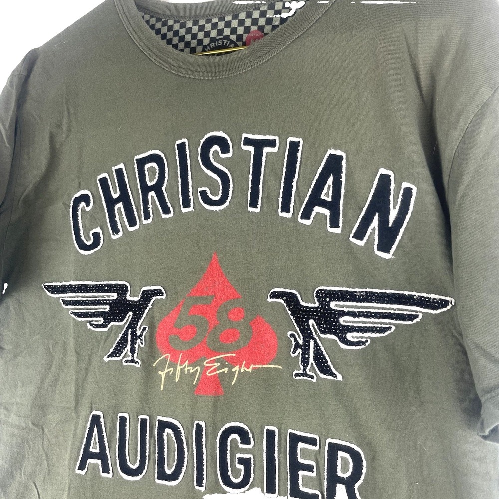 💣2/$30 Y2K Christian Audigier T-Shirt M Green Embroidered 00s‎ Ed Hardy